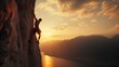© hamad - Rock climber in the evening a young man of Caucasian descent ascends a difficult route on an overhanging cliff.