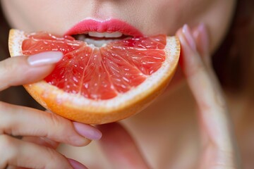 Wall Mural - High-definition close-up of a woman enjoying a bite of tangy grapefruit