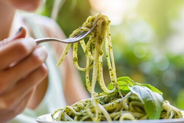 Wall Mural - Detailed close-up of a woman relishing a forkful of aromatic basil pesto pasta