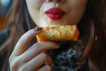 Wall Mural - Detailed close-up of a woman munching on a crispy, golden spring roll