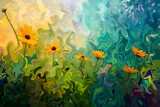 Fototapeta Kwiaty - Mesmerizing digital painting of a vibrant wildflower meadow, capturing nature's floral abundance with swirling patterns and fluid brushstrokes.