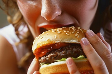 Wall Mural - Close-up of a woman biting into a juicy, flavorful burger
