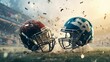 Two football helmets crashing into each other. The concept of rivalry on the field between two teams in American football.