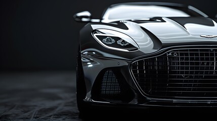 Luxury expensive car parked on dark background. Sport and modern luxury design gray car. Shiny clean lines and detailed front view of modern automotive. Automotive advertising banner.