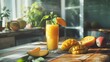 Mango smoothie juice and fruit in drinking glass and jar on wooden table in rustic kitchen
