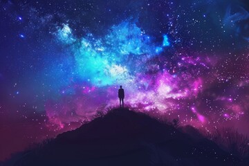 Wall Mural - starry night, silhouette of person standing on hill looking up at the stars, vibrant colors, fantasy landscape Generative AI