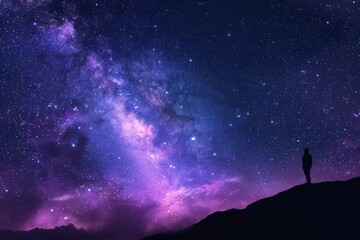 Wall Mural - starry background with silhouette of person standing on hill looking at night stars in colorful galaxy Generative AI