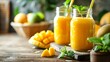 Mango smoothie juice and fruit in drinking glass and jar on wooden table in rustic kitchen
