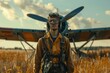 airplane pilot in vintage glasses stands in the middle of a field. yellow blue and brown color