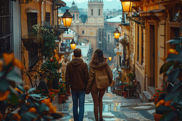 Poster - A couple exploring a new city together, wandering through historic streets and discovering hidden gems. Concept of urban exploration and adventure. Generative Ai.