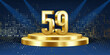 59th Year anniversary celebration background. Golden 3D numbers on a golden round podium, with lights in background.