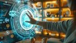 A user operates a circular, futuristic interface of a smart home automation assistant on a virtual screen