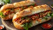 Savory Banh Mi Delights with Fresh Fillings. Concept Vietnamese Cuisine, Baguette Sandwich, Street Food, Food Photography, Fusion Flavors