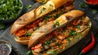 Savory Banh Mi Symphony with Fresh Toppings and Herbs. Concept Vietnamese Cuisine, Banh Mi Sandwich, Fresh Ingredients, Savory Flavors