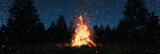 Fototapeta Góry - big bonfire with sparks and particles in front of spruce trees and starry sky. 3D Rendering