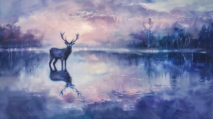 Wall Mural - Reflective deer at twilight, oil paint technique, calm lake, soft purples and blues, tranquil mood. 
