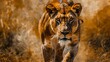 Lioness in hunt mode, oil paint style, intense gaze, dynamic pose, vivid savannah colors.