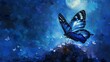 Night butterfly under moonlight, oil painting style, cool blues, mystical light, serene night. 
