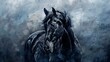 Noble black horse, classic oil painting technique, stormy backdrop, dramatic contrast, fierce eyes. 