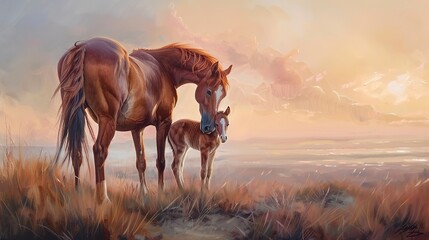 Wall Mural - Graceful mare and foal, oil paint style, soft dawn light, tender moment, pastel hues, serene. 