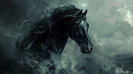 Poster - Noble black horse, classic oil painting technique, stormy backdrop, dramatic contrast, fierce eyes. 