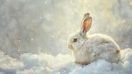 Wall Mural - Fluffy white rabbit in snow, oil painting effect, soft light, pristine white, gentle curiosity. 