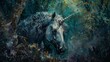 Ancient unicorn, oil painting technique, wise eyes, timeless forest, deep shadows, mystical light.