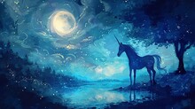 Unicorn Under Moonlit Sky, Oil Paint Style, Silver Beams, Mystical Silhouette, Tranquil Blues, Serene Night.