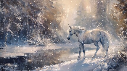 Wall Mural - Unicorn in snow, dynamic oil painting style, sparkling white, frosty air, magical presence, serene beauty.
