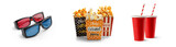 Fototapeta Panele - movie time and cinema popcorn and cold soft drink refreshment with 3D glasses for entertainment theater icon set isolated on png transparent background