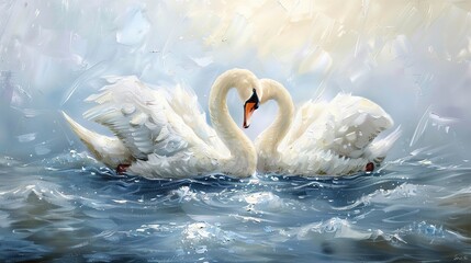 Canvas Print - Swan couple, classic oil painting look, peaceful waters, tender moment, soft light, love's embrace.