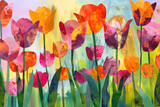 Fototapeta Kwiaty - Dynamic mixed media artwork celebrating tulip field's vibrant energy. Bold hues evoke joy, optimism, and happiness with saturated colors.