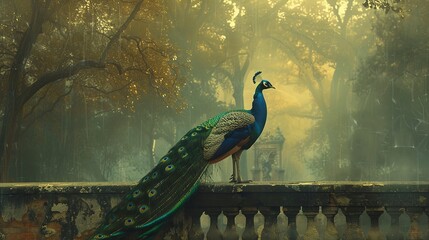 Canvas Print - Solitary peacock on castle grounds, oil paint effect, historical elegance, soft mist, muted earth tones. --ar 16:9 Job ID: 437f4dc5-9849-481d-87ff-1ce926764539