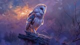 Fototapeta  - Barn owl in twilight, oil painting technique, dusk colors, tranquil pose, soft purples and blues. 