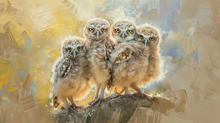 Wall Mural - Playful owl chicks, oil paint effect, fluffy textures, curious glances, bright daylight, joyful discovery.