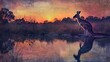 Kangaroo by watering hole, oil paint effect, tranquil reflection, dusk colors, serene blues and purples.