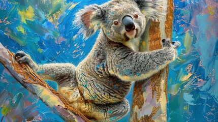 Wall Mural - Playful koala in motion, dynamic oil painting style, climbing action, vivid backdrop, joyful exploration. 