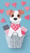© Arush - A cute dog wearing a patriotic bandana, sitting beside a basket of American flags, papercut style