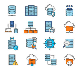 Poster - Color database network server and cloud storage icons, internet technology vector line symbols. Data backup storage icons, transfer, encryption and server secure access protection by password