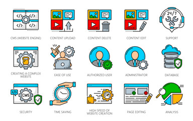 Fototapete - CMS content management system icons, web marketing and online internet business, vector line symbols. CMS digital media content network, website data analytics and database information management