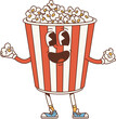 Cartoon retro movie popcorn bucket groovy character. Isolated vector cheerful pop corn personage with a vibrant red and white stripes, playful smile and happy eyes, ready for a nostalgic movie night