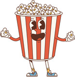 Fototapeta  - Cartoon retro movie popcorn bucket groovy character. Isolated vector cheerful pop corn personage with a vibrant red and white stripes, playful smile and happy eyes, ready for a nostalgic movie night