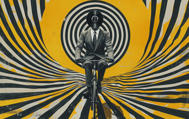 Wall Mural - 
A vibrant pop art scene: a man in a sharp suit energetically rides a bicycle, creating a surreal and dynamic composition.