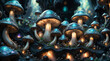 Enchanted forest at twilight with clusters of magical fairy mushrooms sprouting from the rich fertile ground, their fungi caps glistens with an iridescent opal shimmer and spectrum of ethereal colors.