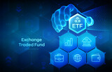 Fototapeta Młodzieżowe - ETF. Exchange traded fund stock market trading investment financial concept. Stock market index fund. Business Growth. Hand places an element into a composition visualizing ETF. Vector illustration.