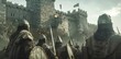 A group of warriors armed with swords and shields stand in front of the towering castle walls their backs to the viewer. The sound . .