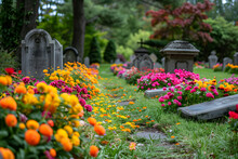 A Tranquil Cemetery With Colorful Flowers Adorning The Graves, Conveying A Sense Of Peace And Remembrance.
