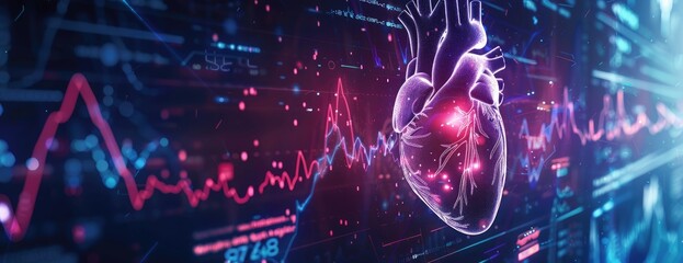 Sticker - futuristic human heart with data visualization lines, representation, 3d created with ai