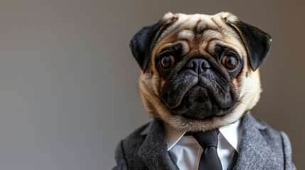 Wall Mural - Portrait of pug dog wearing suit and tie with questioned face. Isolated on clean background.