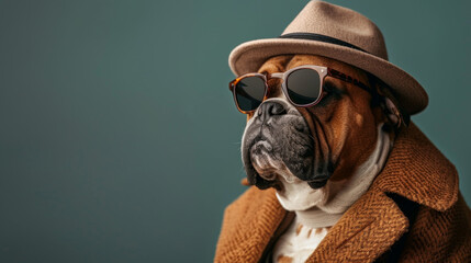 Wall Mural - Portrait of bulldog in mafia gangster costume. Wearing hat, overcoat and sunglasses. Isolated on clean background. Copyspace on the side. --ar 16:9